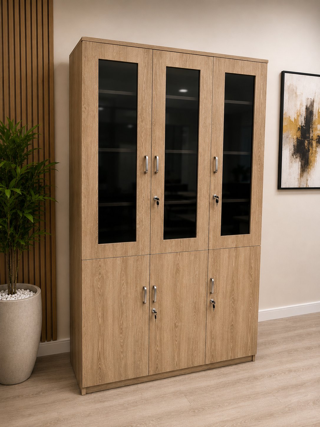 3 Door Filling Cabinet with Glass cut Swing Doors,1200 x 400 x 2100H mm -Havard Cherry - Modern Filling Cabinets in Nairobi, Kenya
