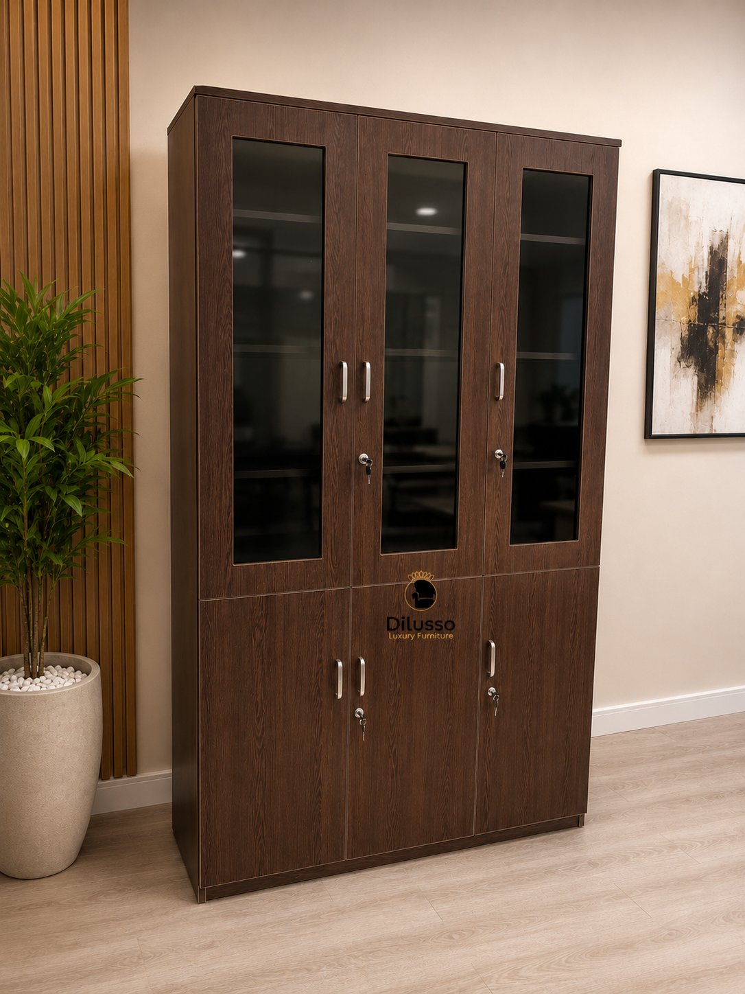 3 Door Filling Cabinet with Glass cut Swing Doors,1200 x 400 x 2100H mm - African Wenge - Modern Filling Cabinets in Nairobi, Kenya